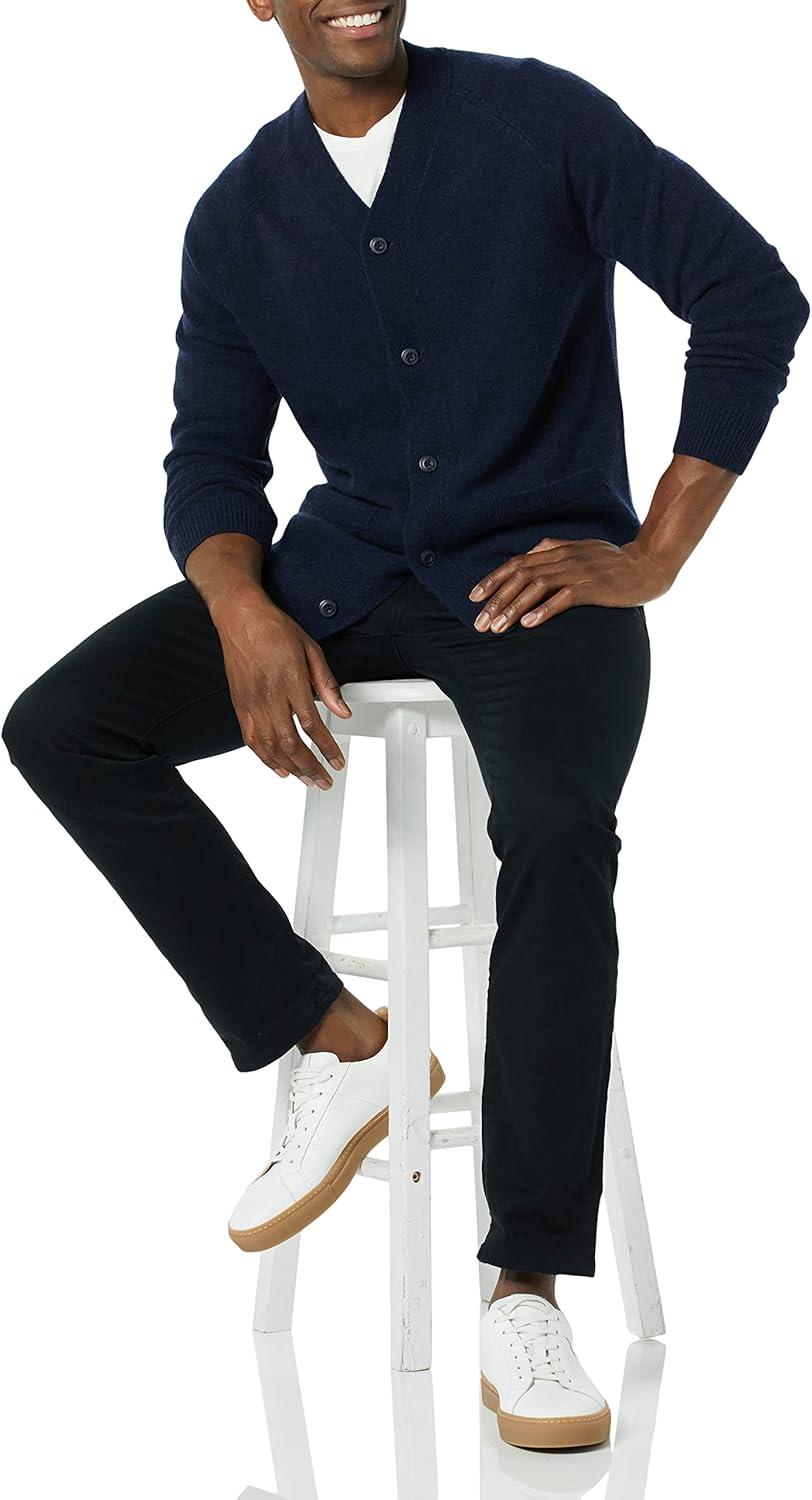 imageAmazon Essentials Mens Lambs Wool VNeck Cardigan Sweater with Pockets Previously GoodthreadsDark Navy
