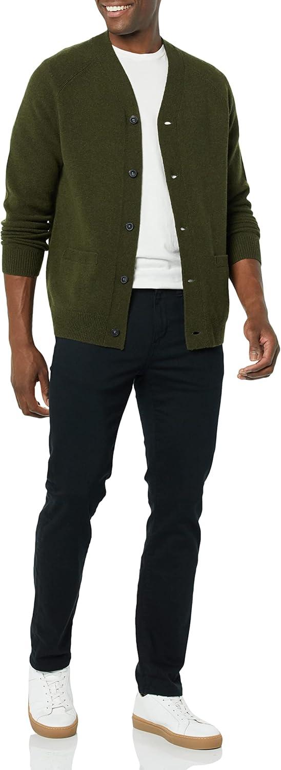 imageAmazon Essentials Mens Lambs Wool VNeck Cardigan Sweater with Pockets Previously GoodthreadsDark Olive