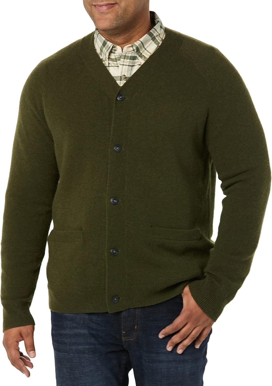 imageAmazon Essentials Mens Lambs Wool VNeck Cardigan Sweater with Pockets Previously GoodthreadsDark Olive