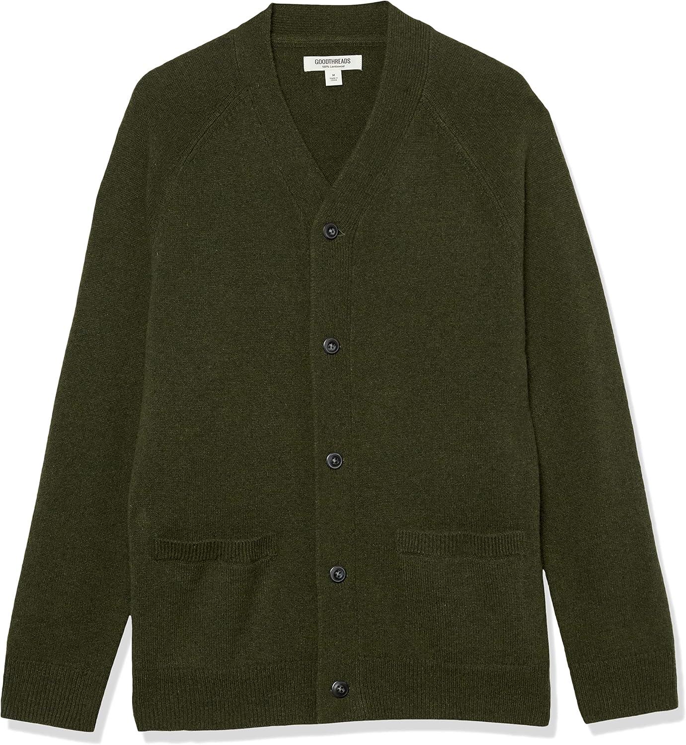 imageAmazon Essentials Mens Lambs Wool VNeck Cardigan Sweater with Pockets Previously GoodthreadsDark Olive