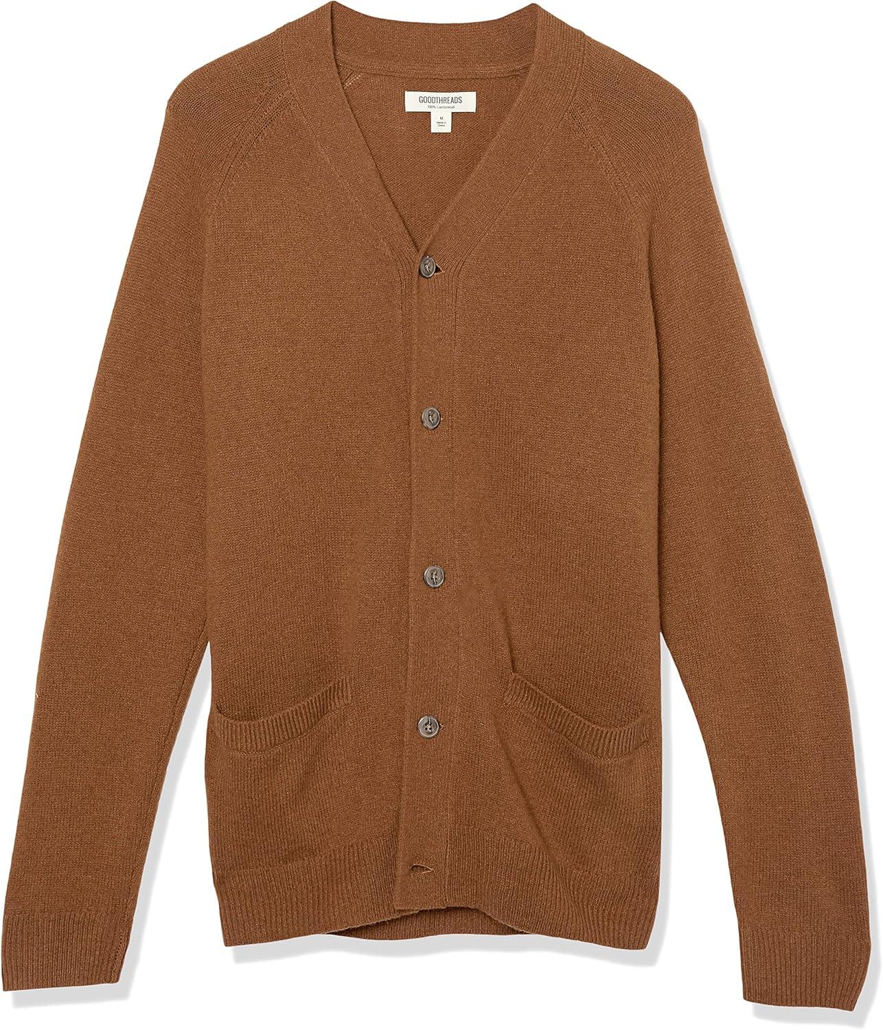 imageAmazon Essentials Mens Lambs Wool VNeck Cardigan Sweater with Pockets Previously GoodthreadsMedium Brown