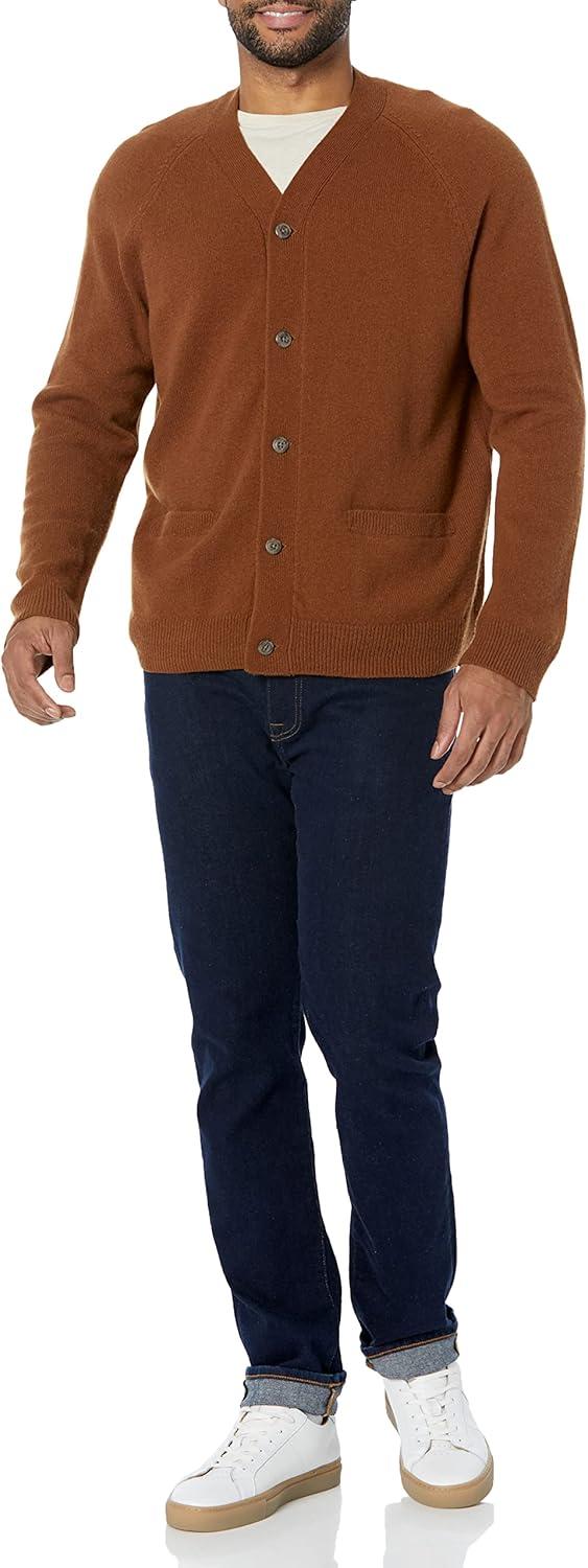 imageAmazon Essentials Mens Lambs Wool VNeck Cardigan Sweater with Pockets Previously GoodthreadsMedium Brown