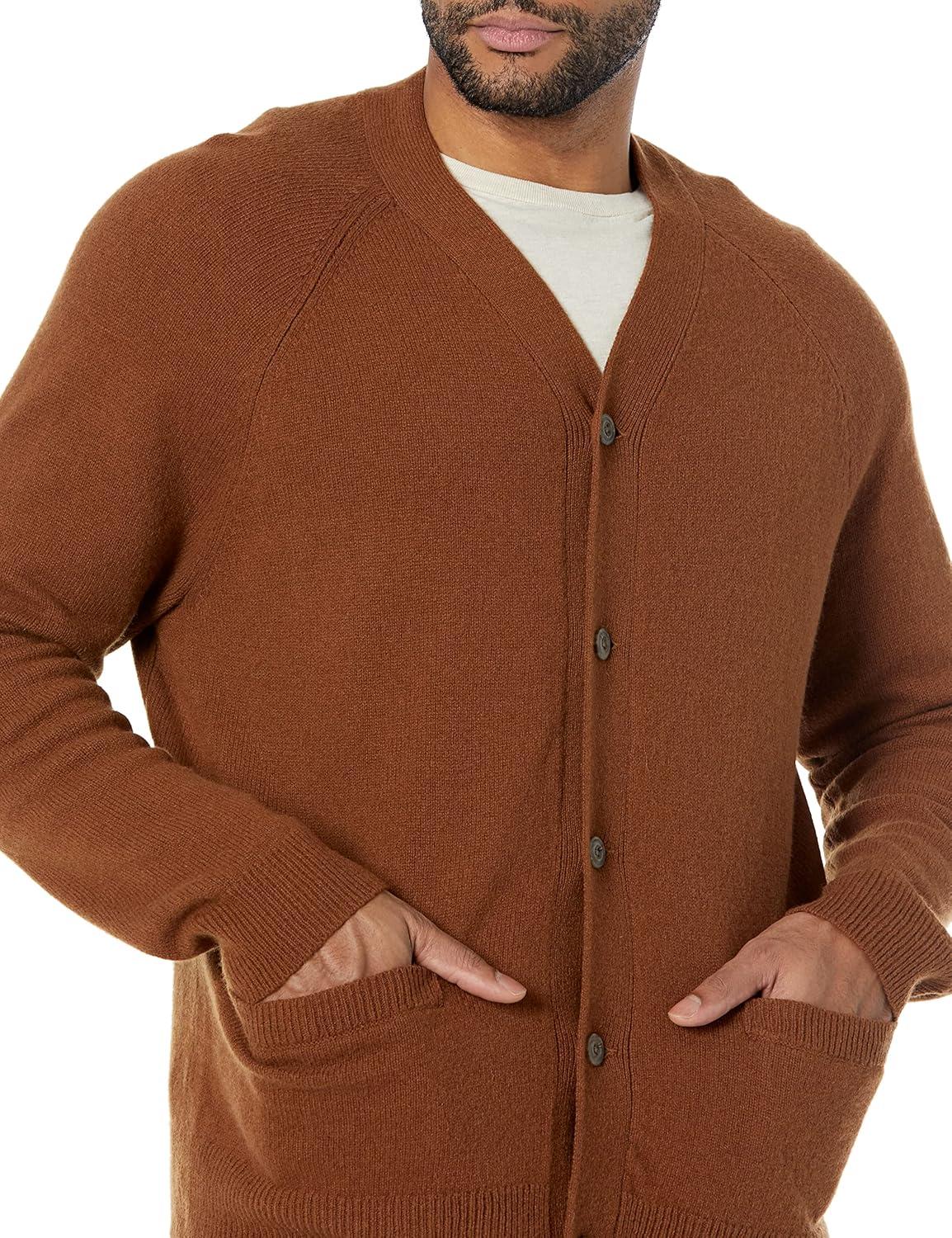 imageAmazon Essentials Mens Lambs Wool VNeck Cardigan Sweater with Pockets Previously GoodthreadsMedium Brown