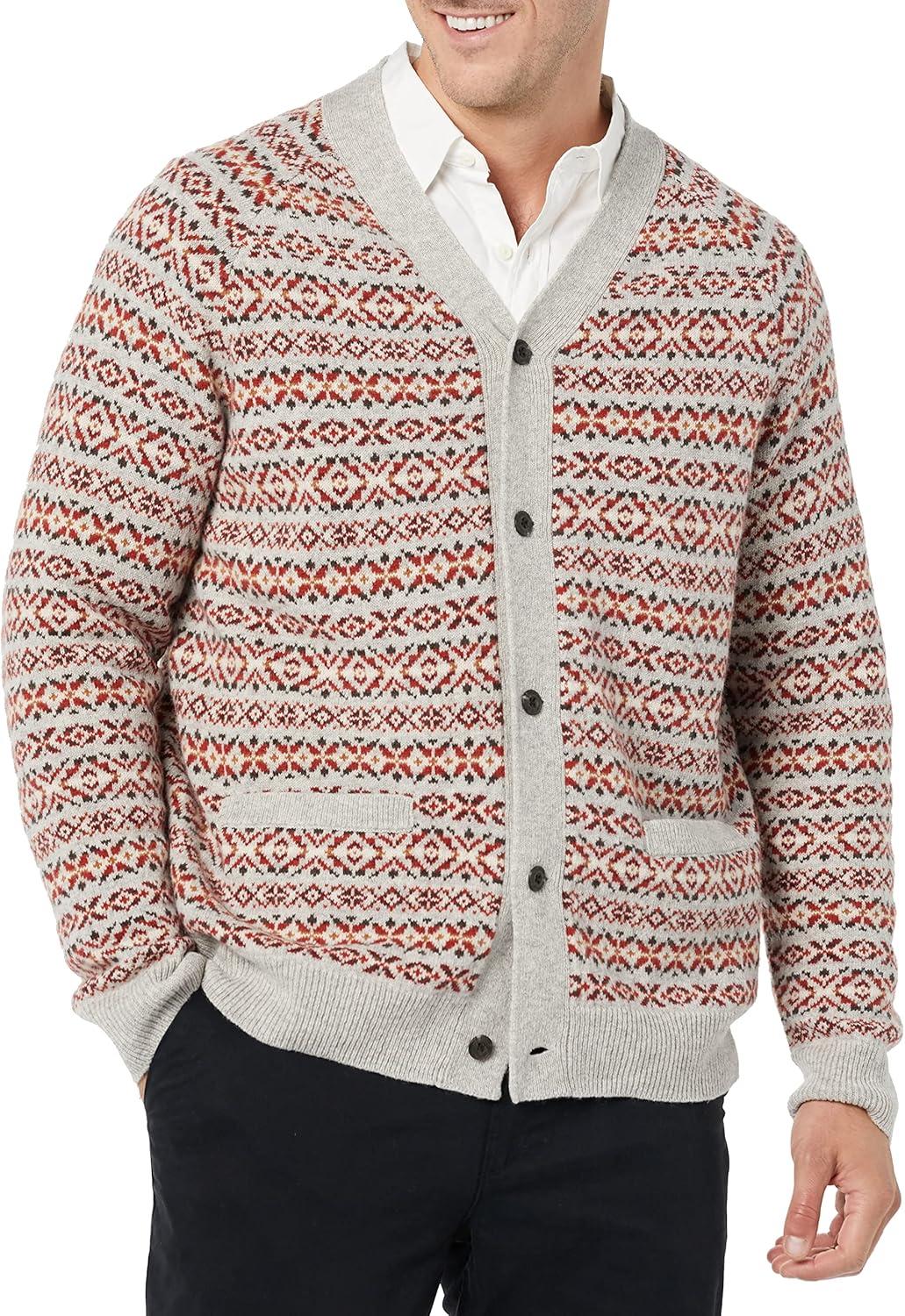 imageAmazon Essentials Mens Lambs Wool VNeck Cardigan Sweater with Pockets Previously GoodthreadsOatmeal Fair Isle