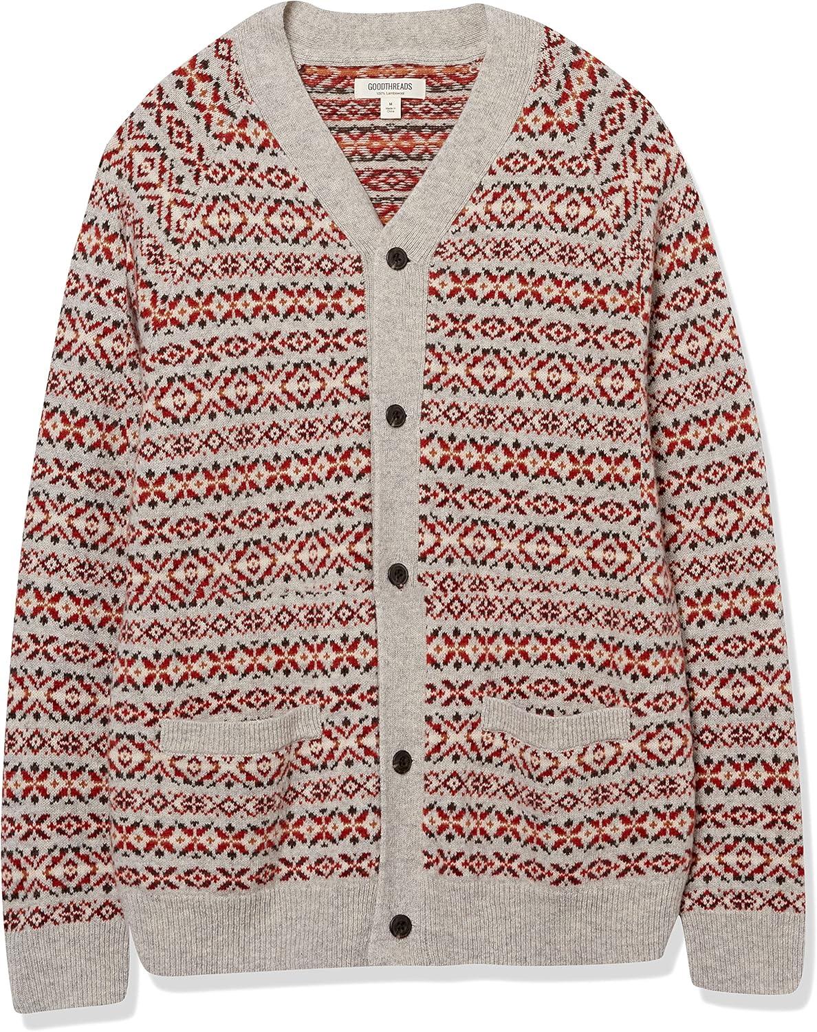 imageAmazon Essentials Mens Lambs Wool VNeck Cardigan Sweater with Pockets Previously GoodthreadsOatmeal Fair Isle