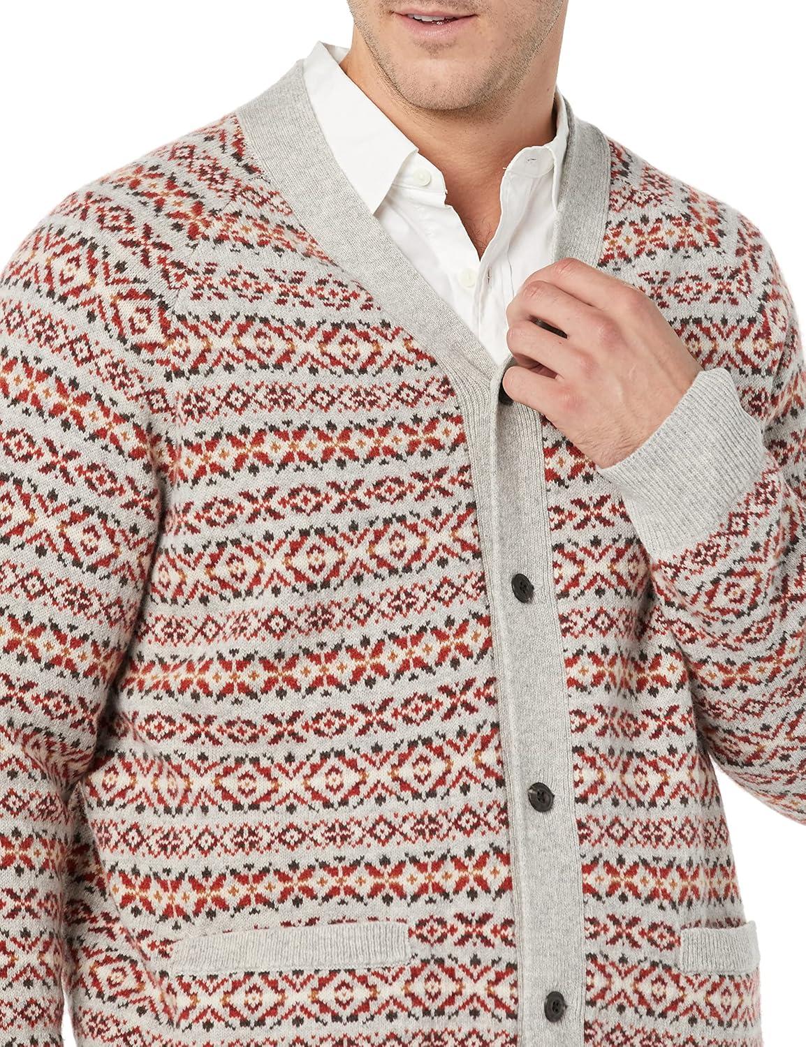 imageAmazon Essentials Mens Lambs Wool VNeck Cardigan Sweater with Pockets Previously GoodthreadsOatmeal Fair Isle