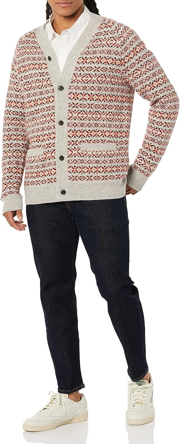 imageAmazon Essentials Mens Lambs Wool VNeck Cardigan Sweater with Pockets Previously GoodthreadsOatmeal Fair Isle