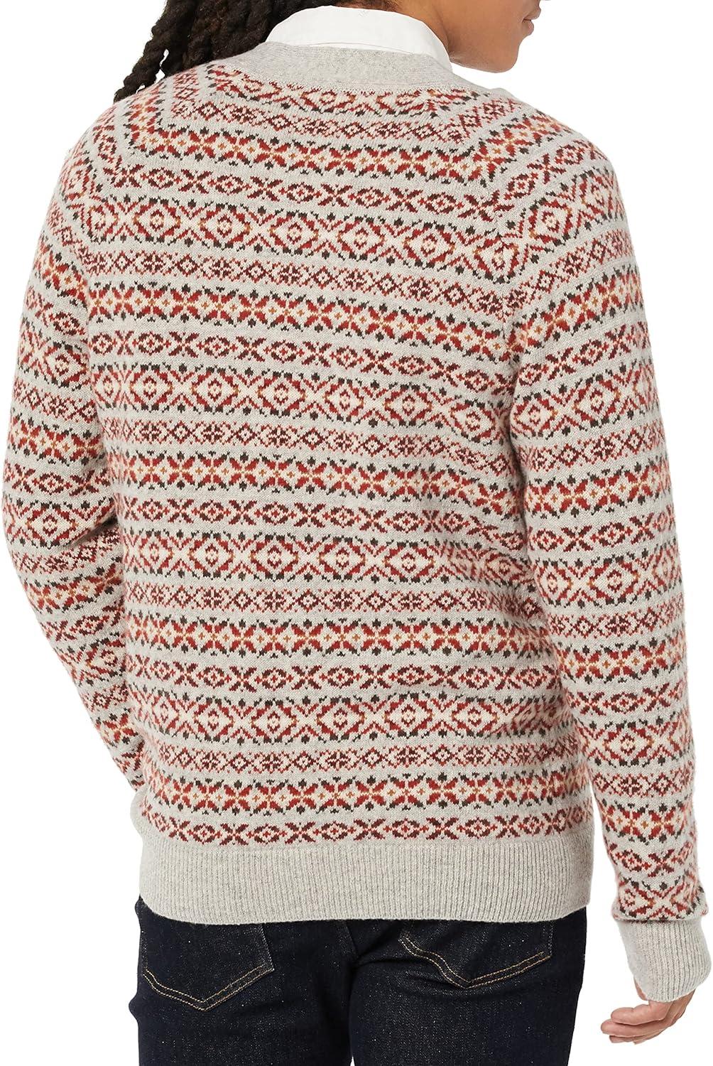 imageAmazon Essentials Mens Lambs Wool VNeck Cardigan Sweater with Pockets Previously GoodthreadsOatmeal Fair Isle