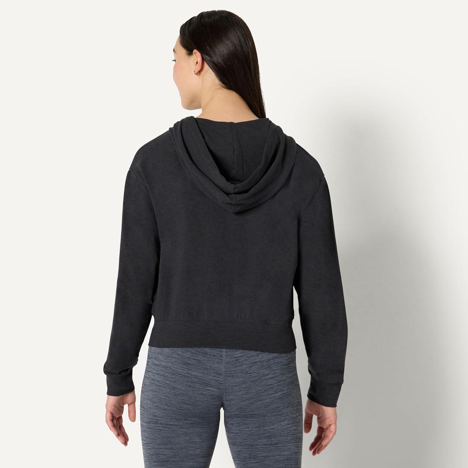 imageAmazon Essentials Womens Soft Performance Knit Cropped Jacket with HoodSpace Dye Black