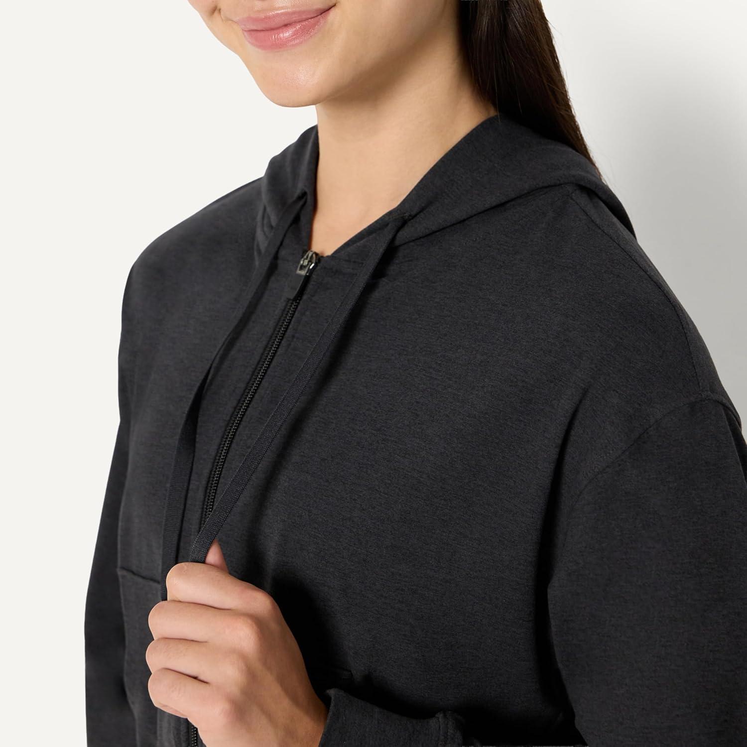 imageAmazon Essentials Womens Soft Performance Knit Cropped Jacket with HoodSpace Dye Black