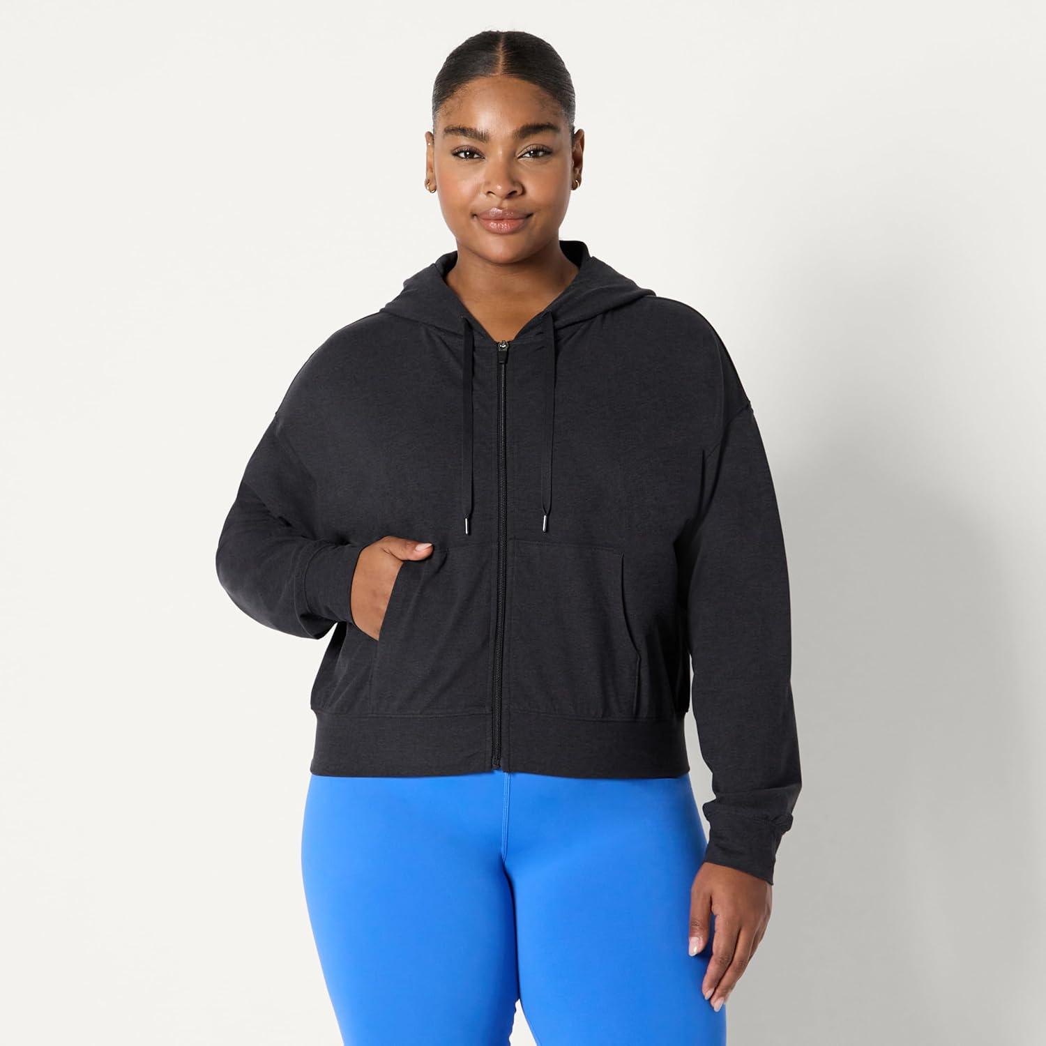 imageAmazon Essentials Womens Soft Performance Knit Cropped Jacket with HoodSpace Dye Black