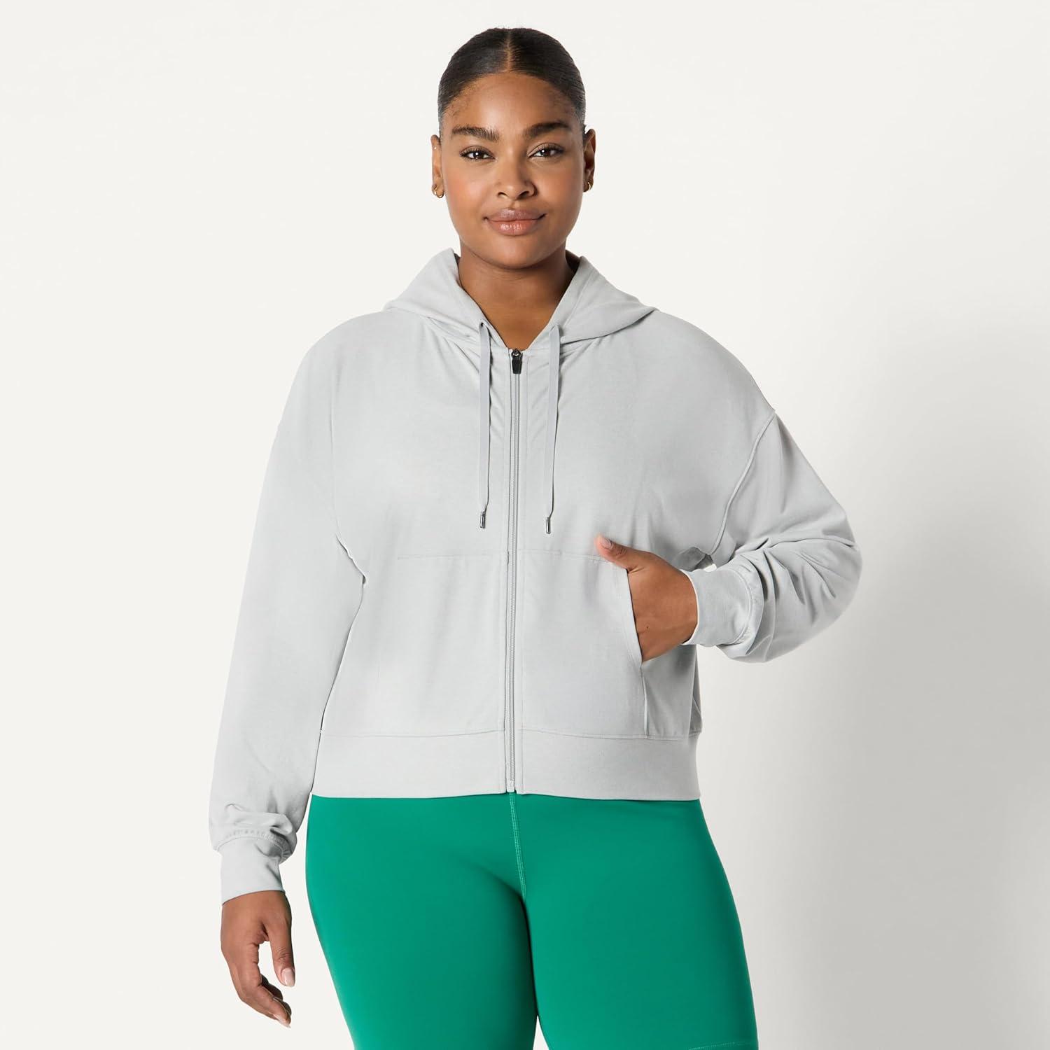 imageAmazon Essentials Womens Soft Performance Knit Cropped Jacket with HoodSpace Dye Dove