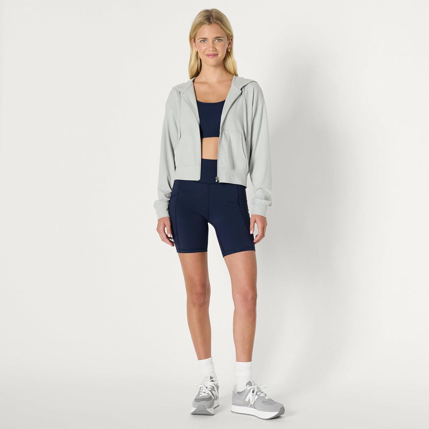 imageAmazon Essentials Womens Soft Performance Knit Cropped Jacket with HoodSpace Dye Dove