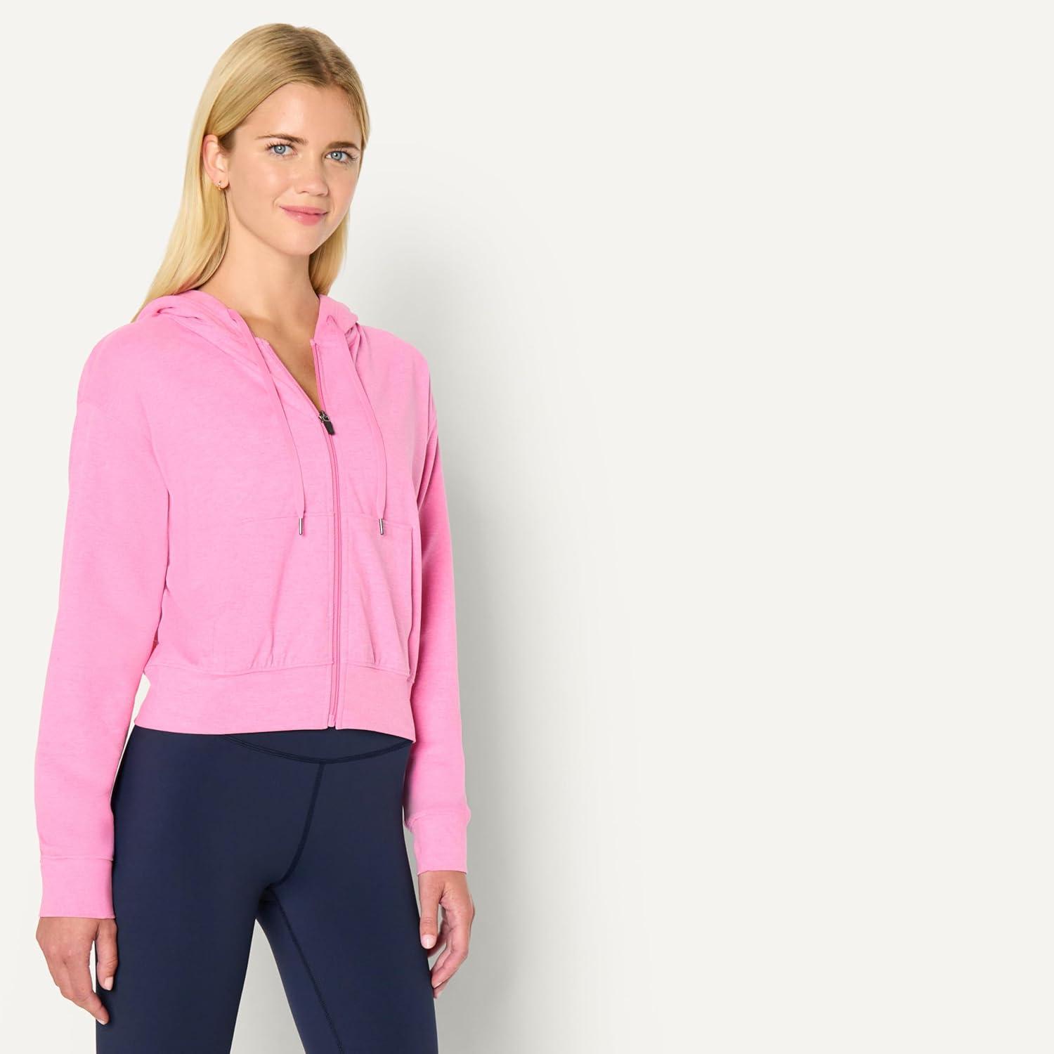 imageAmazon Essentials Womens Soft Performance Knit Cropped Jacket with HoodSpace Dye Pink