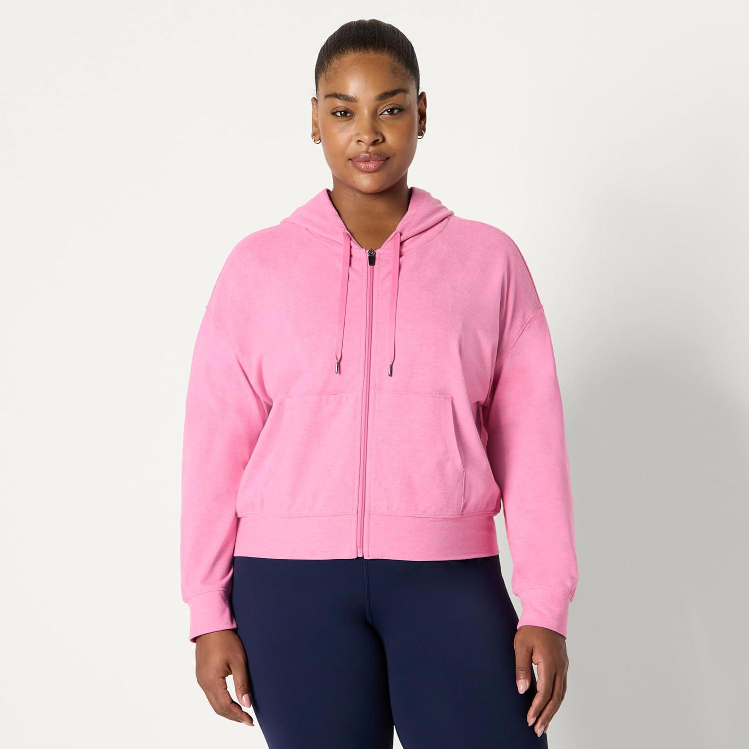 imageAmazon Essentials Womens Soft Performance Knit Cropped Jacket with HoodSpace Dye Pink