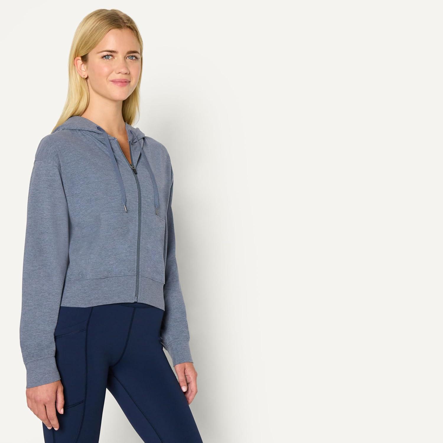 imageAmazon Essentials Womens Soft Performance Knit Cropped Jacket with HoodSpace Dye Slate