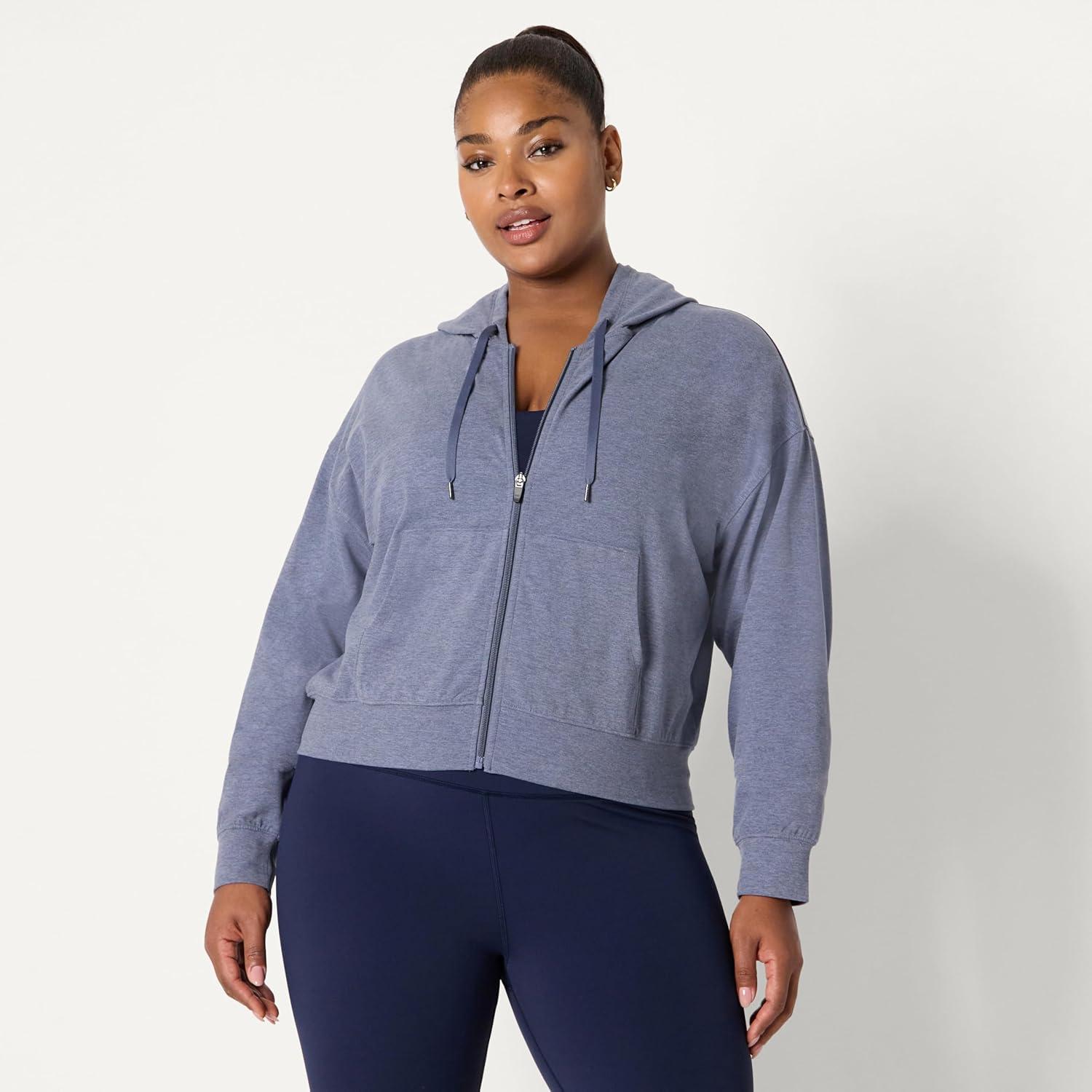 imageAmazon Essentials Womens Soft Performance Knit Cropped Jacket with HoodSpace Dye Slate