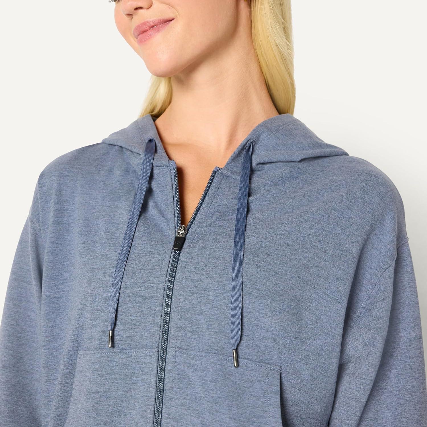 imageAmazon Essentials Womens Soft Performance Knit Cropped Jacket with HoodSpace Dye Slate