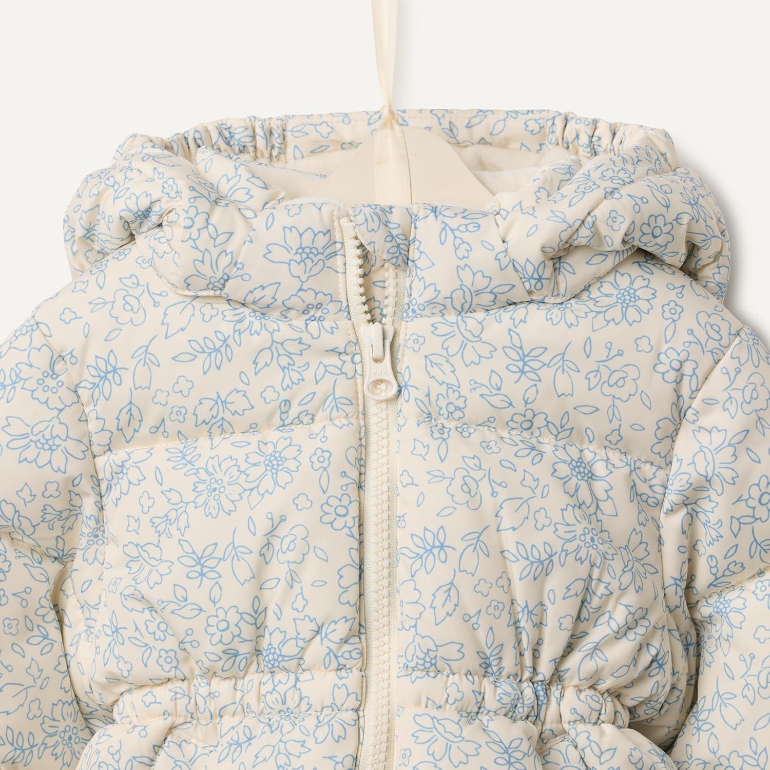 imageAmazon Essentials x Sofia Grainge Girls WaterResistant Hooded Puffer JacketIvory Dusty Blue Outlined Blooms