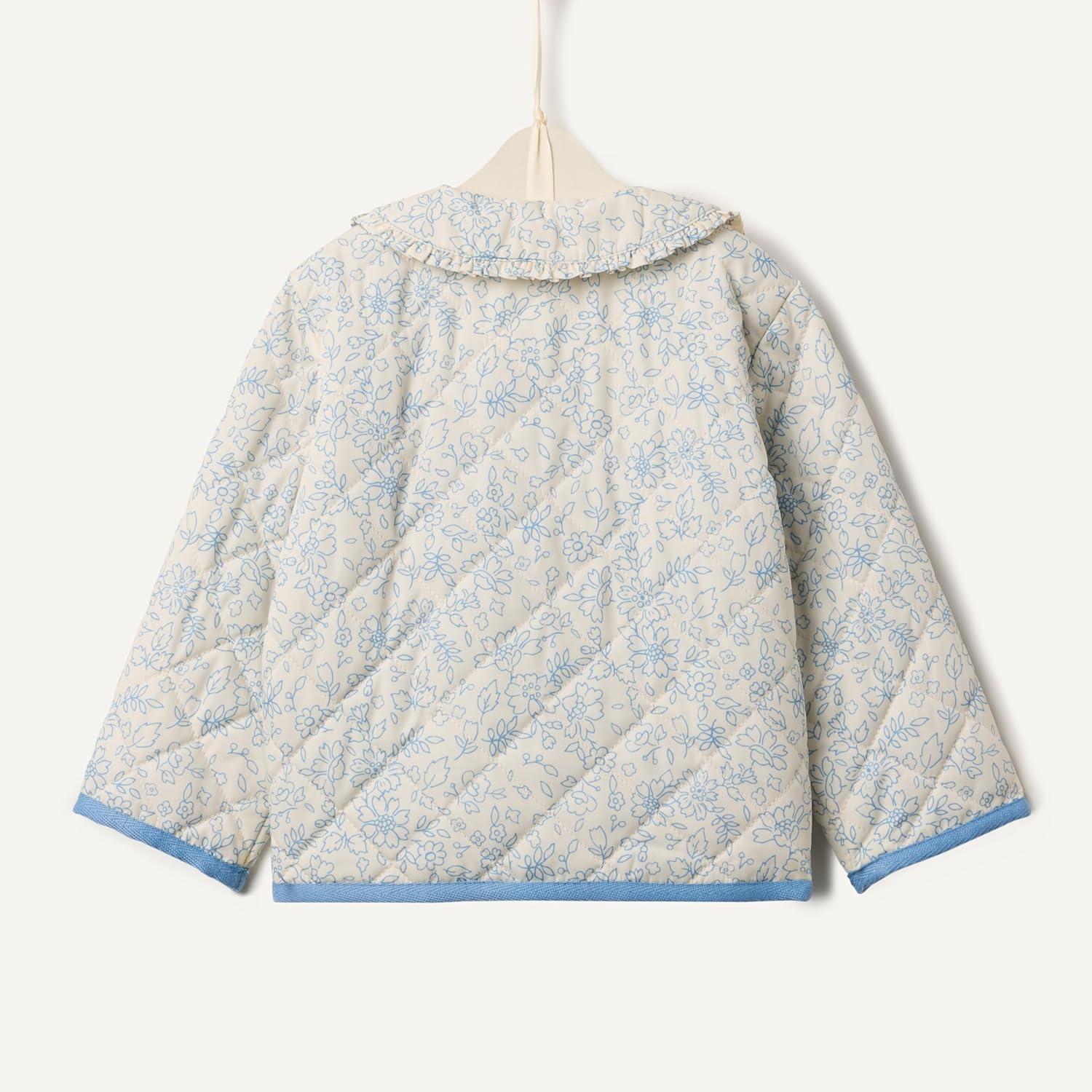 imageAmazon Essentials x Sofia Grainge Toddlers and Baby Girls Midweight Field Jacket with RuffleIvory Blue Outlined Blooms