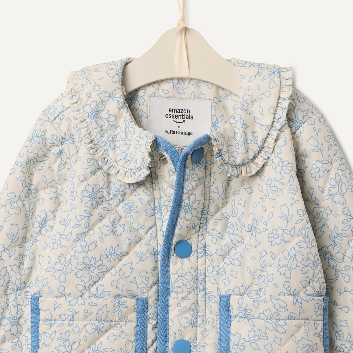 imageAmazon Essentials x Sofia Grainge Toddlers and Baby Girls Midweight Field Jacket with RuffleIvory Blue Outlined Blooms