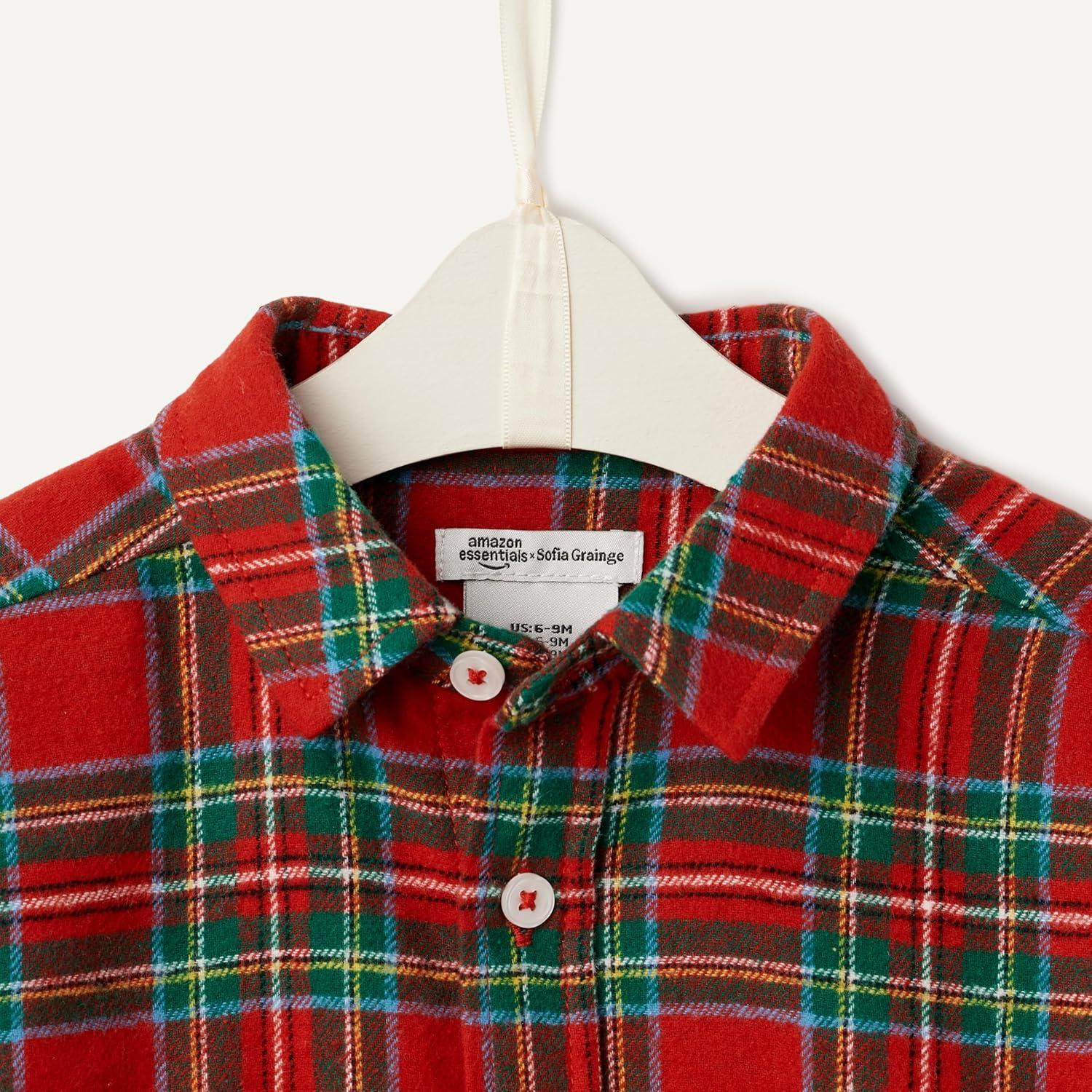 imageAmazon Essentials x Sofia Grainge Unisex Toddlers and Babies Button Down Plaid Flannel ShirtCherry Red Festive Plaid