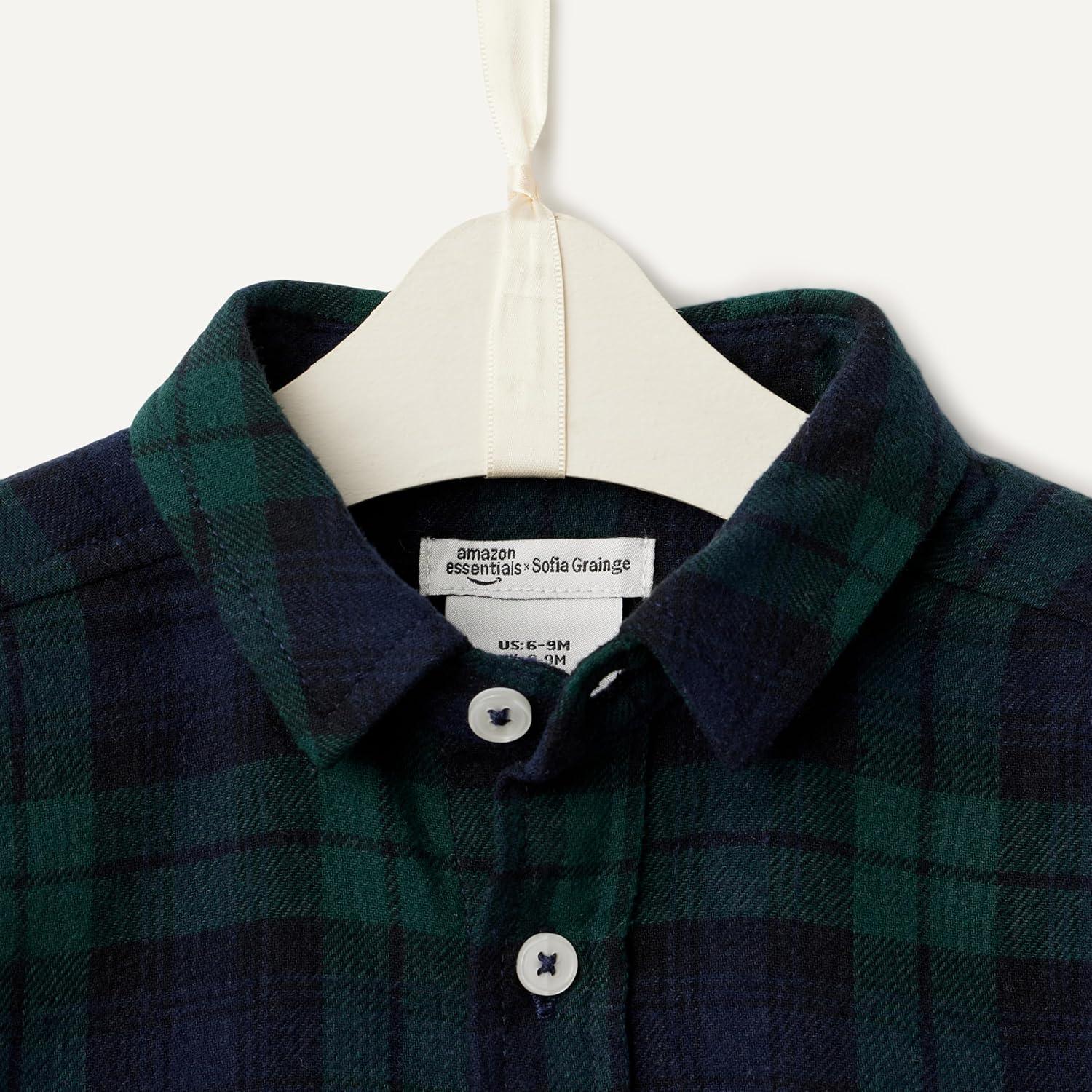 imageAmazon Essentials x Sofia Grainge Unisex Toddlers and Babies Button Down Plaid Flannel ShirtDark Emerald Green Deep Blue Plaid