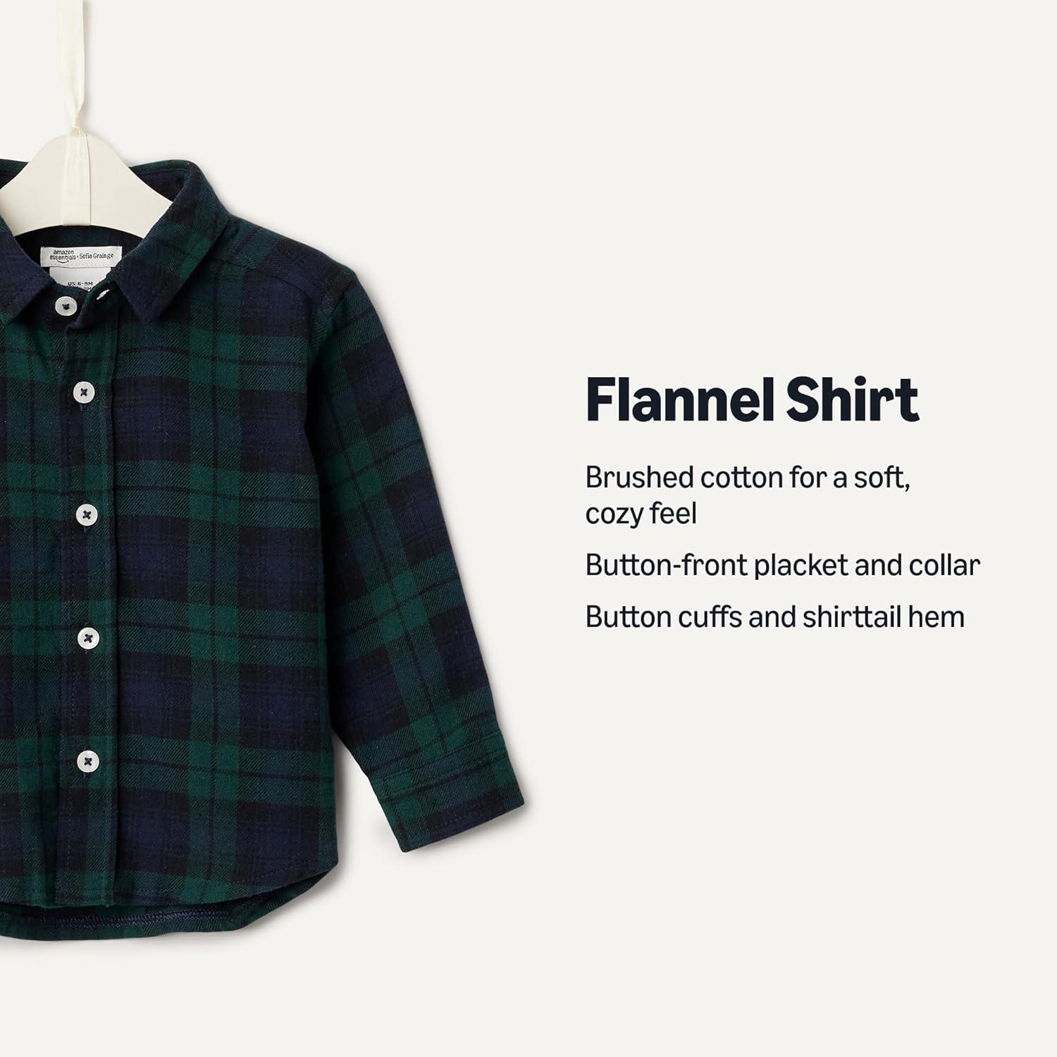 imageAmazon Essentials x Sofia Grainge Unisex Toddlers and Babies Button Down Plaid Flannel ShirtDark Emerald Green Deep Blue Plaid