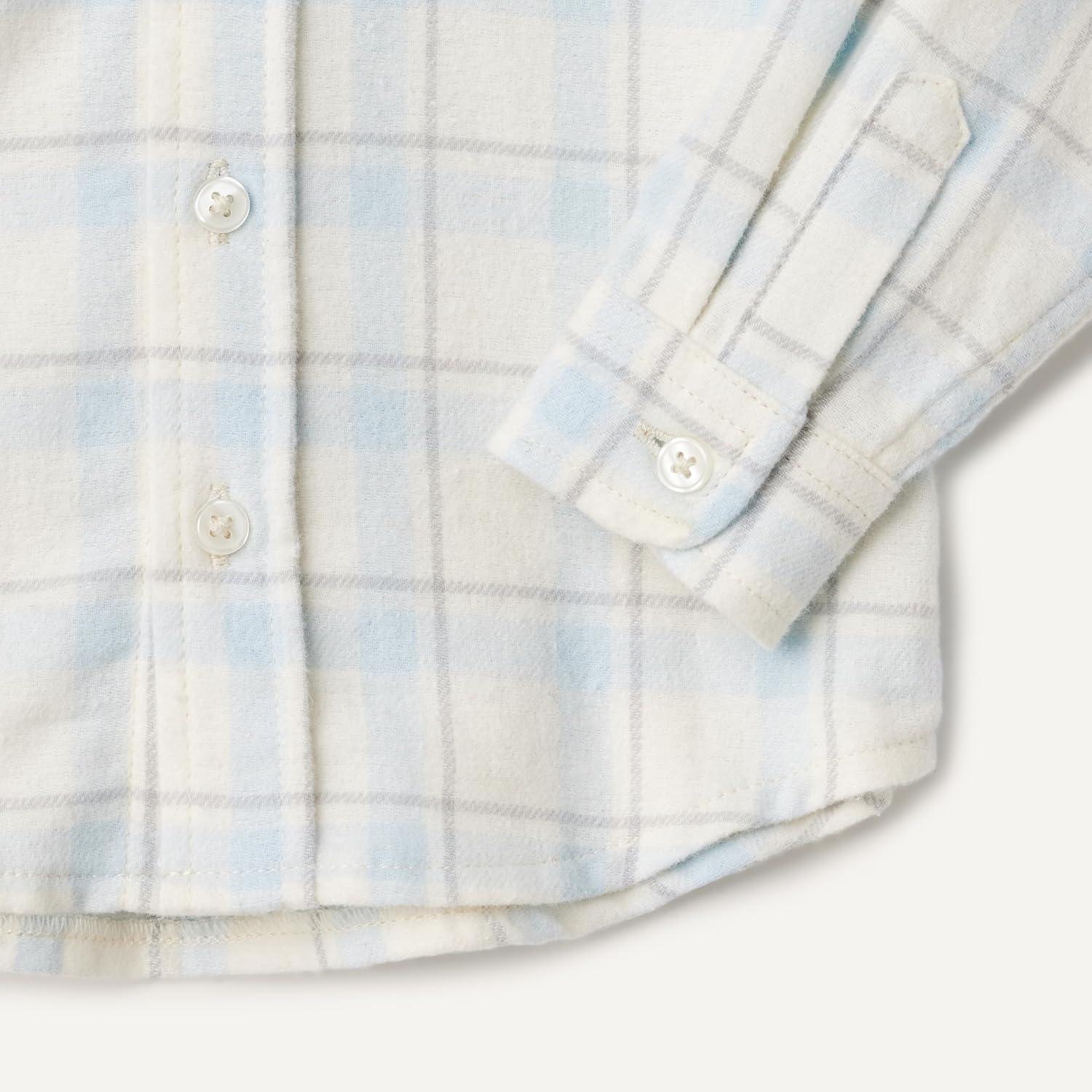 imageAmazon Essentials x Sofia Grainge Unisex Toddlers and Babies Button Down Plaid Flannel ShirtIvory Light Blue Simple Plaid