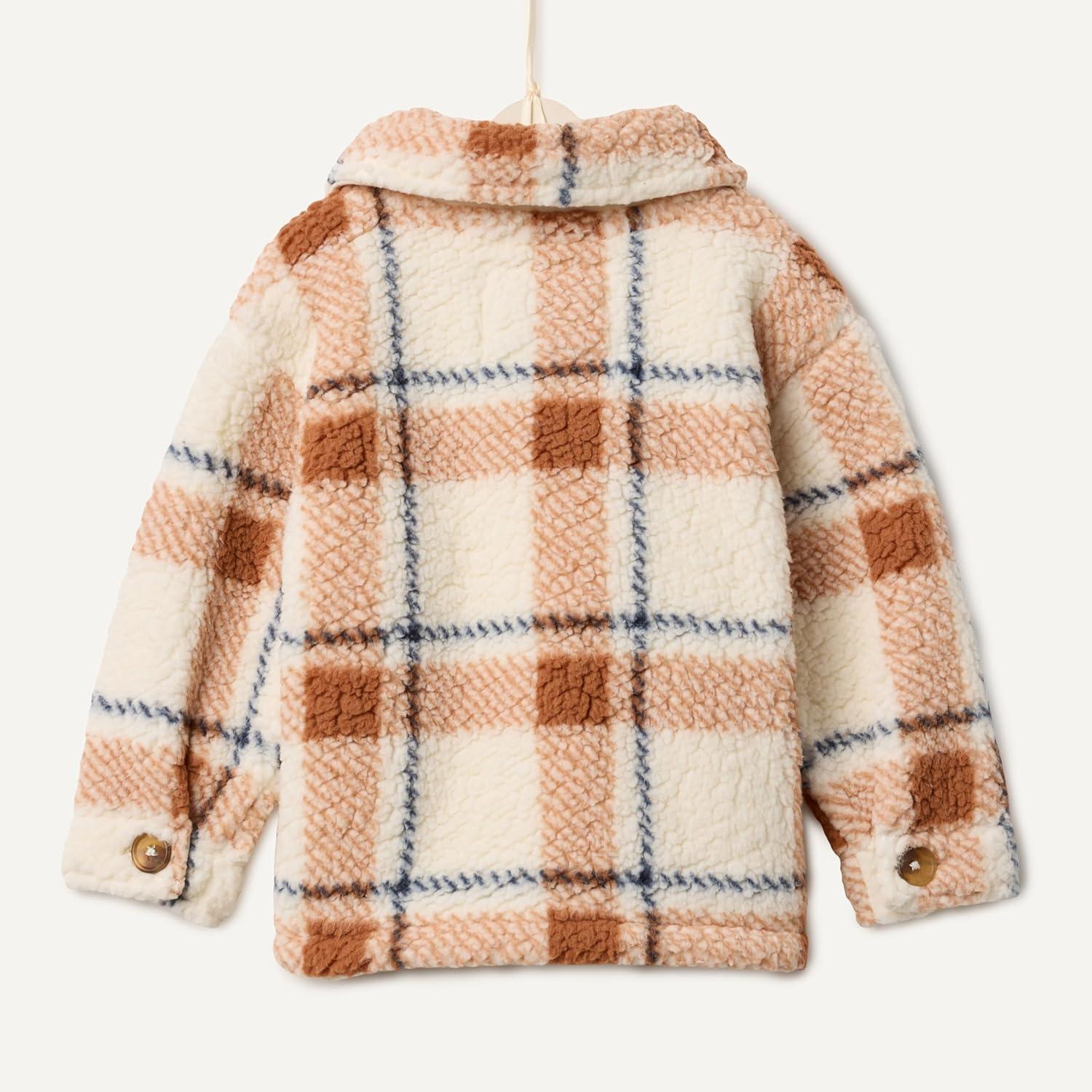 imageAmazon Essentials x Sofia Grainge Unisex Toddlers and Babies Sherpa Overshirt JacketIvory Light Caramel Simple Plaid