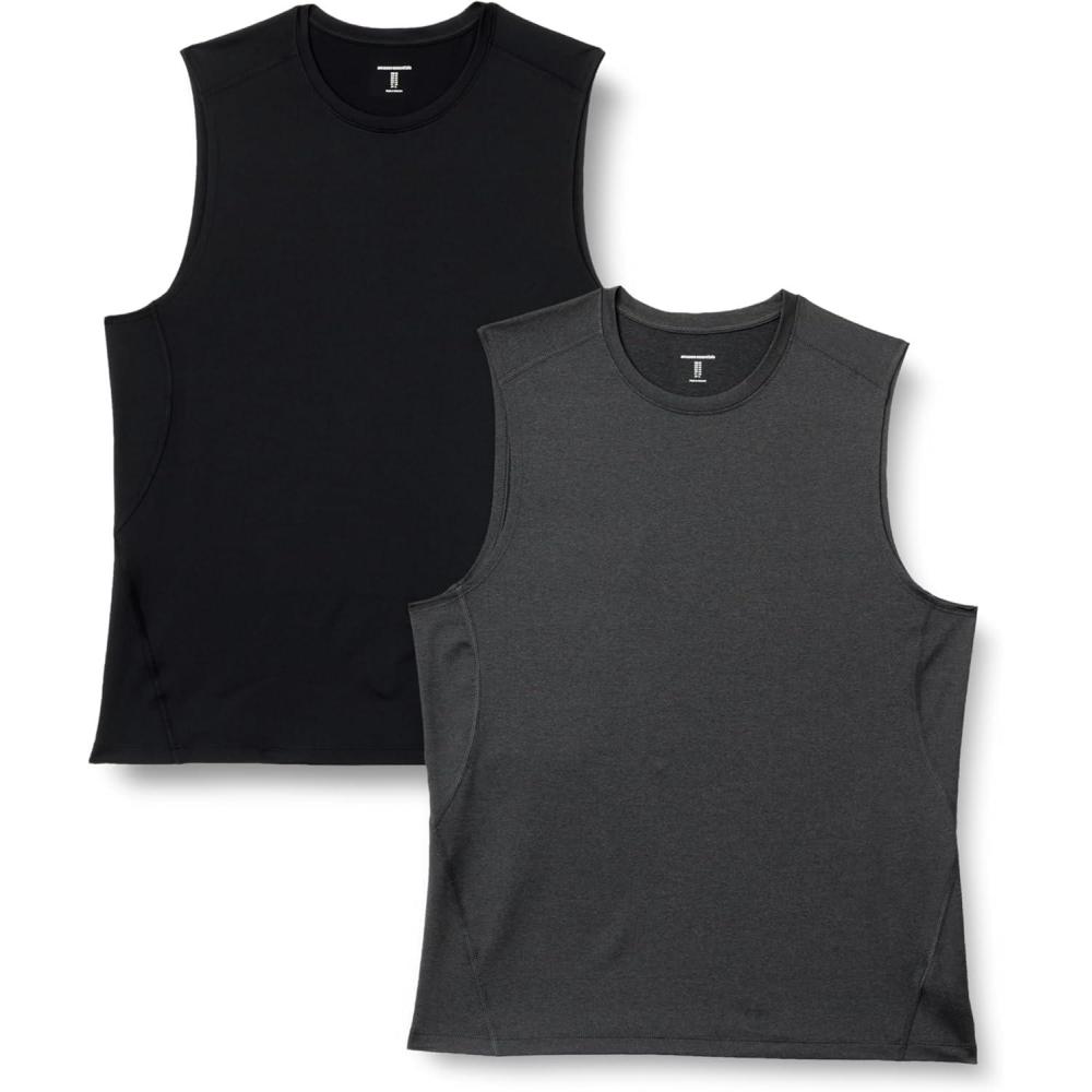 imageAmazon Essentials Mens Active Quick Dry Tech Stretch Lightweight Sleeveless Muscle Shirt MultipacksBlackHeather Graphite