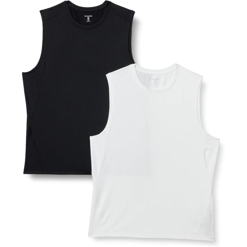 imageAmazon Essentials Mens Active Quick Dry Tech Stretch Lightweight Sleeveless Muscle Shirt MultipacksBlackWhite