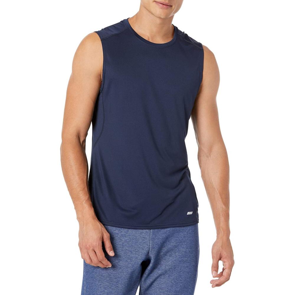 imageAmazon Essentials Mens Active Quick Dry Tech Stretch Lightweight Sleeveless Muscle Shirt MultipacksDark Blue