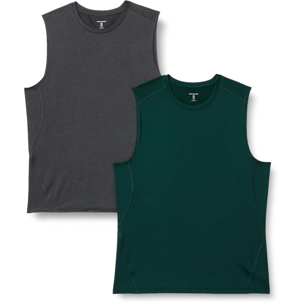 imageAmazon Essentials Mens Active Quick Dry Tech Stretch Lightweight Sleeveless Muscle Shirt MultipacksDark GreenHeather Graphite
