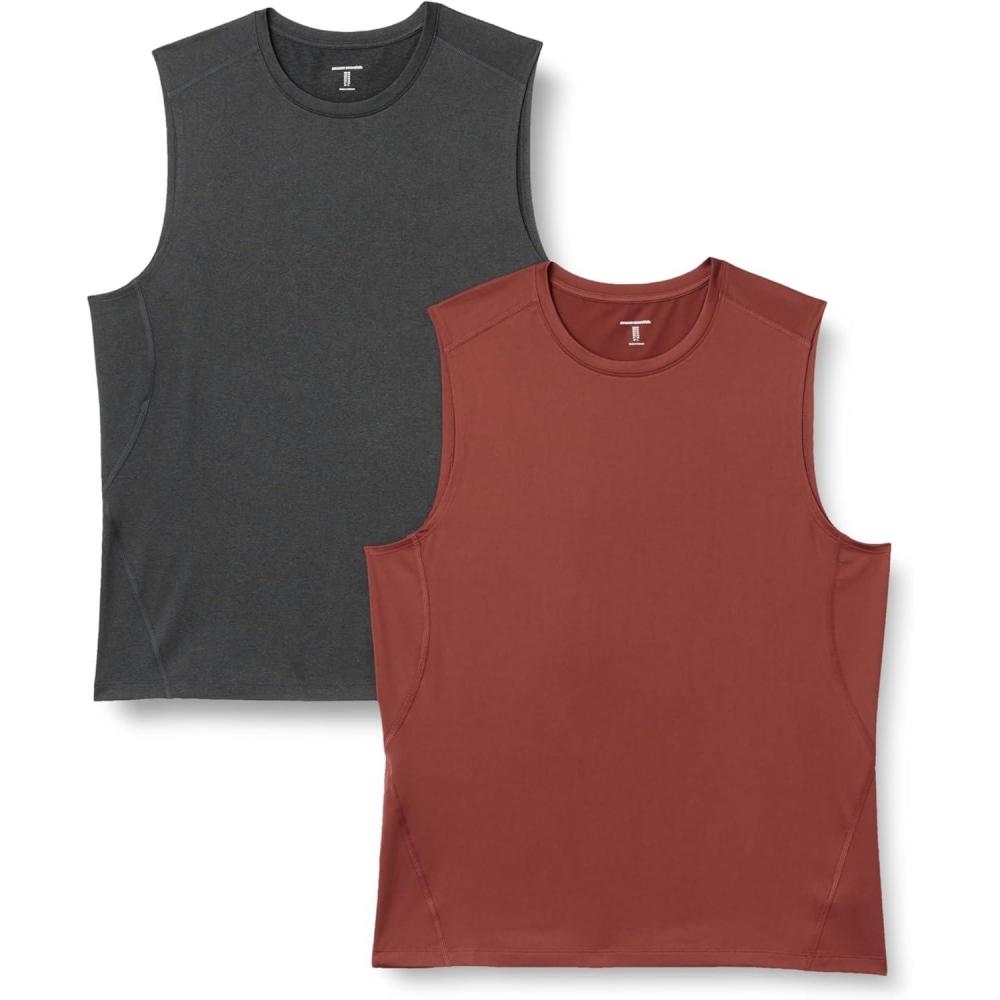 imageAmazon Essentials Mens Active Quick Dry Tech Stretch Lightweight Sleeveless Muscle Shirt MultipacksHeather GraphiteHenna