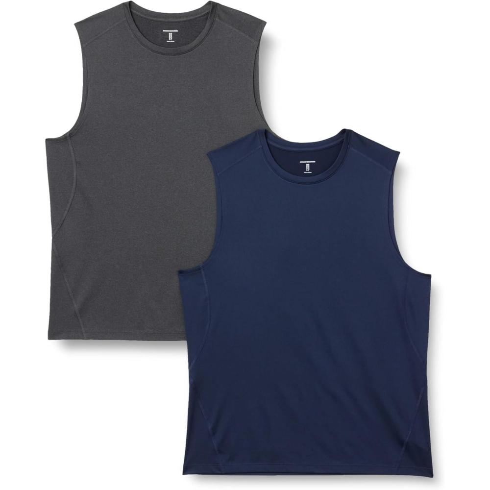 imageAmazon Essentials Mens Active Quick Dry Tech Stretch Lightweight Sleeveless Muscle Shirt MultipacksHeather GraphiteNavy