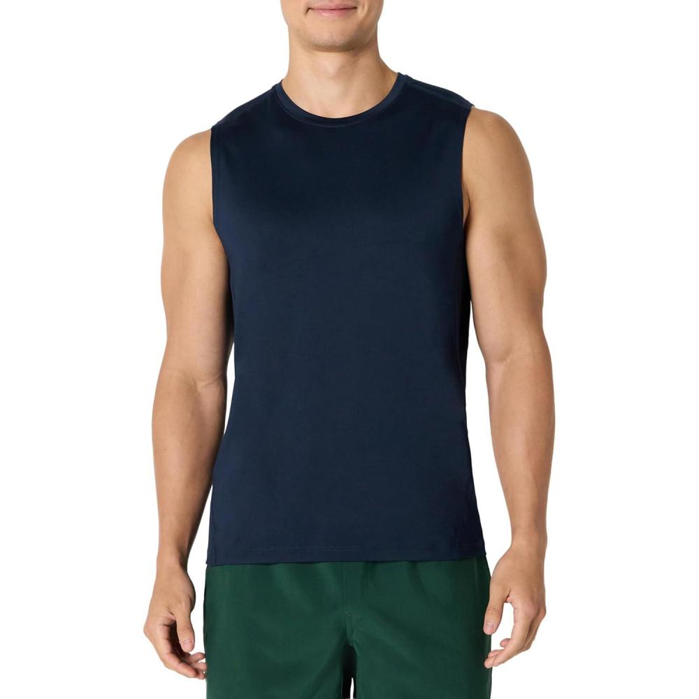 imageAmazon Essentials Mens Active Quick Dry Tech Stretch Lightweight Sleeveless Muscle Shirt MultipacksNavy
