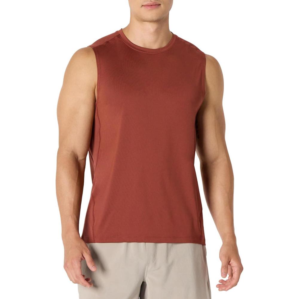 imageAmazon Essentials Mens Active Quick Dry Tech Stretch Lightweight Sleeveless Muscle Shirt MultipacksRich Chestnut Brown