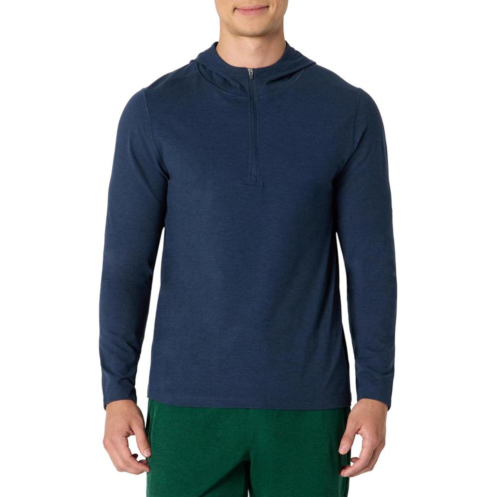 imageAmazon Essentials Mens Athletic Soft Performance Lightweight QuarterZip Hoodie Long Sleeve Workout TopSpace Dye Navy