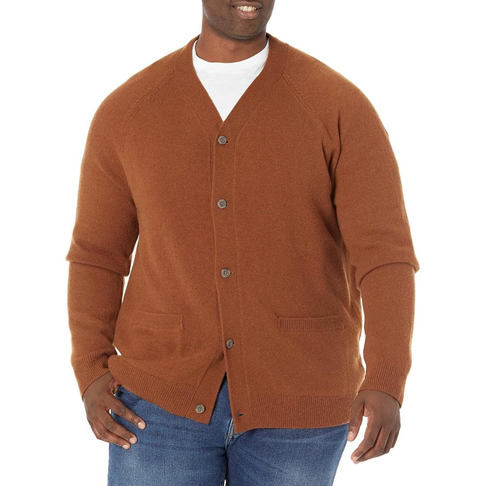 imageAmazon Essentials Mens Lambs Wool VNeck Cardigan Sweater with Pockets Previously GoodthreadsBrown