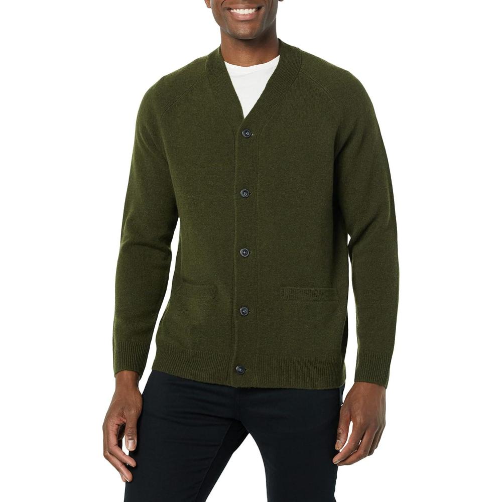 imageAmazon Essentials Mens Lambs Wool VNeck Cardigan Sweater with Pockets Previously GoodthreadsDark Olive