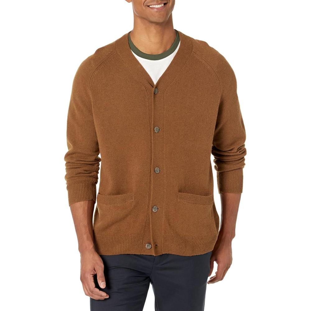 imageAmazon Essentials Mens Lambs Wool VNeck Cardigan Sweater with Pockets Previously GoodthreadsMedium Brown