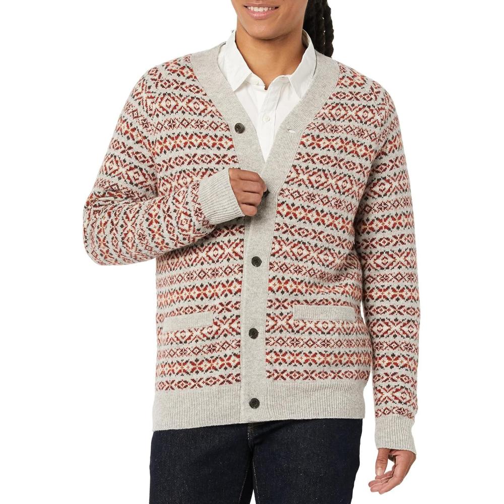 imageAmazon Essentials Mens Lambs Wool VNeck Cardigan Sweater with Pockets Previously GoodthreadsOatmeal Fair Isle
