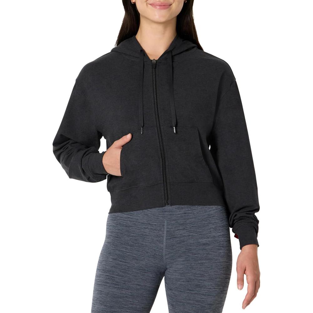 imageAmazon Essentials Womens Soft Performance Knit Cropped Jacket with HoodSpace Dye Black