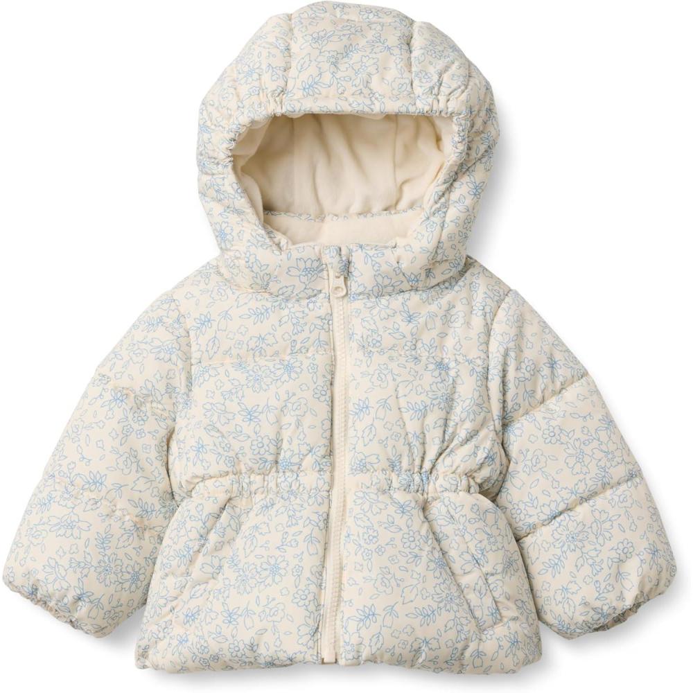 imageAmazon Essentials x Sofia Grainge Girls WaterResistant Hooded Puffer JacketIvory Dusty Blue Outlined Blooms