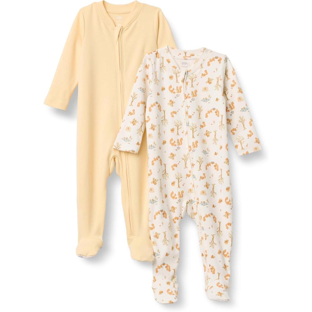 imageAmazon Essentials x Sofia Grainge Unisex Babies Cotton Footed Sleep and Play Bodysuit Pack of 2Pale YellowSquirrel Picnic