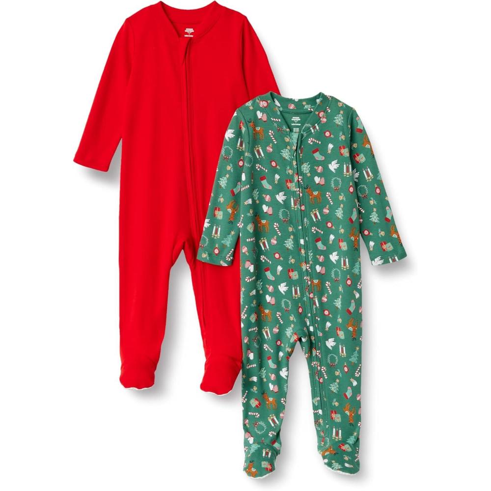 imageAmazon Essentials x Sofia Grainge Unisex Babies Cotton Footed Sleep and Play Bodysuit Pack of 2RedHoliday