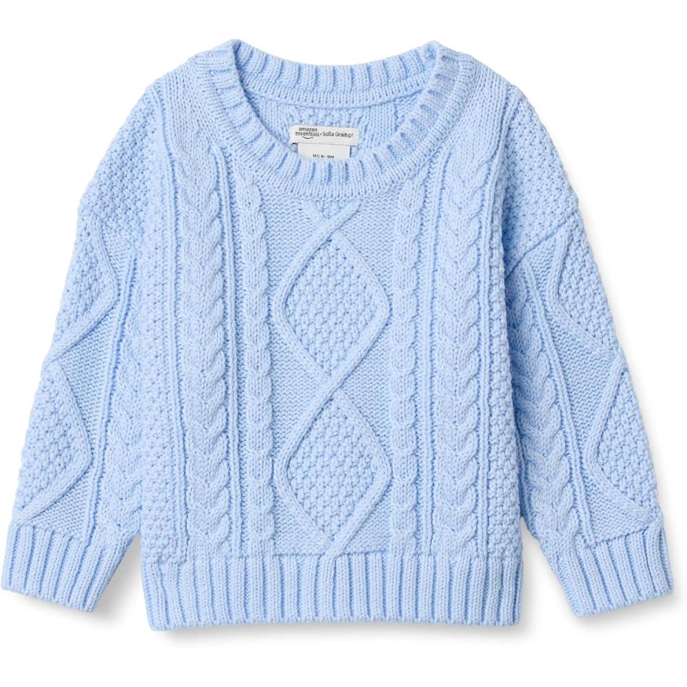 imageAmazon Essentials x Sofia Grainge Unisex Babies Toddlers and Kids Cable Crewneck SweaterLight Blue