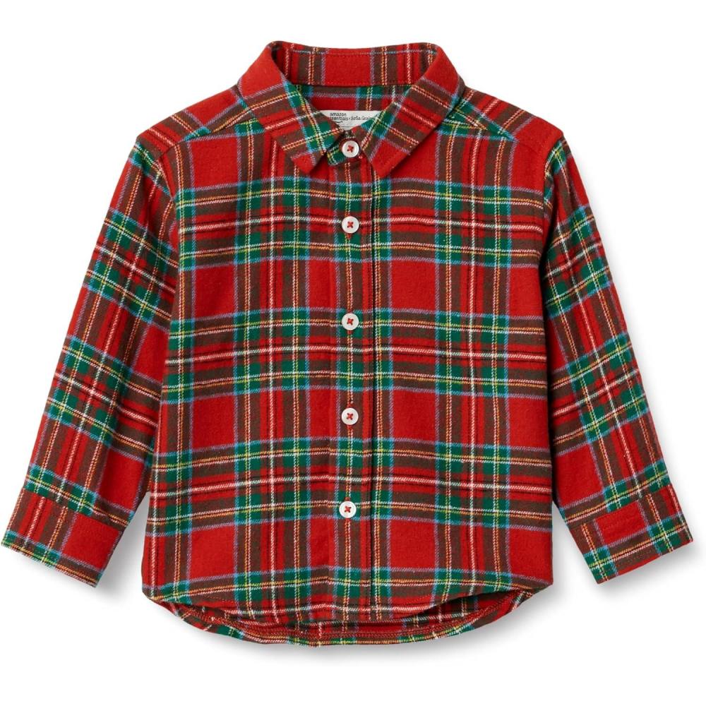 imageAmazon Essentials x Sofia Grainge Unisex Toddlers and Babies Button Down Plaid Flannel ShirtCherry Red Festive Plaid
