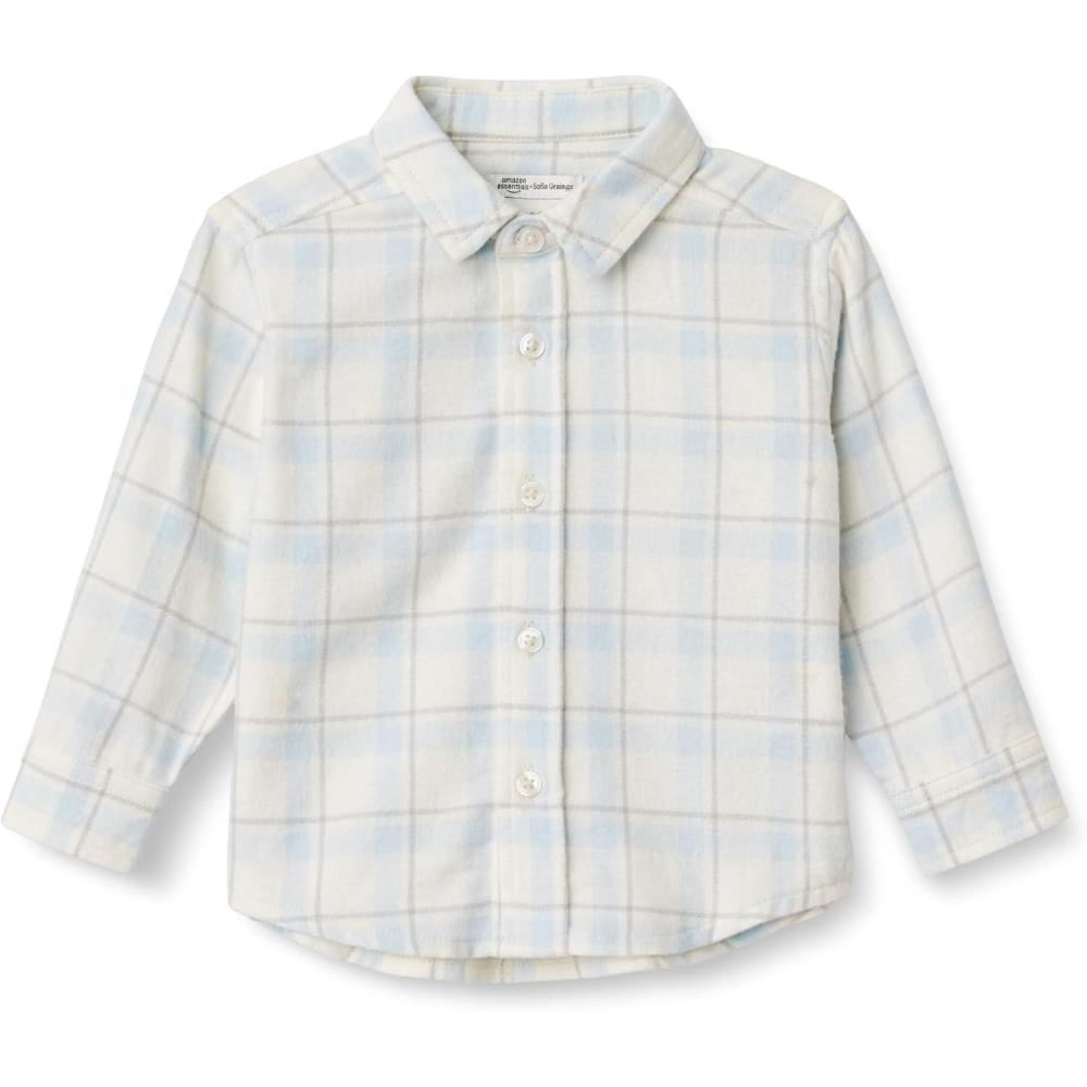 imageAmazon Essentials x Sofia Grainge Unisex Toddlers and Babies Button Down Plaid Flannel ShirtIvory Light Blue Simple Plaid